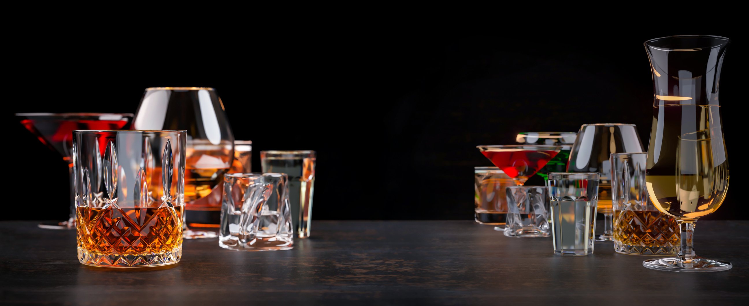 a set of strong alcoholic beverages in glasses and glasses, in the presence of whiskey, vodka, rum, brandy, tequila, brandy dark background